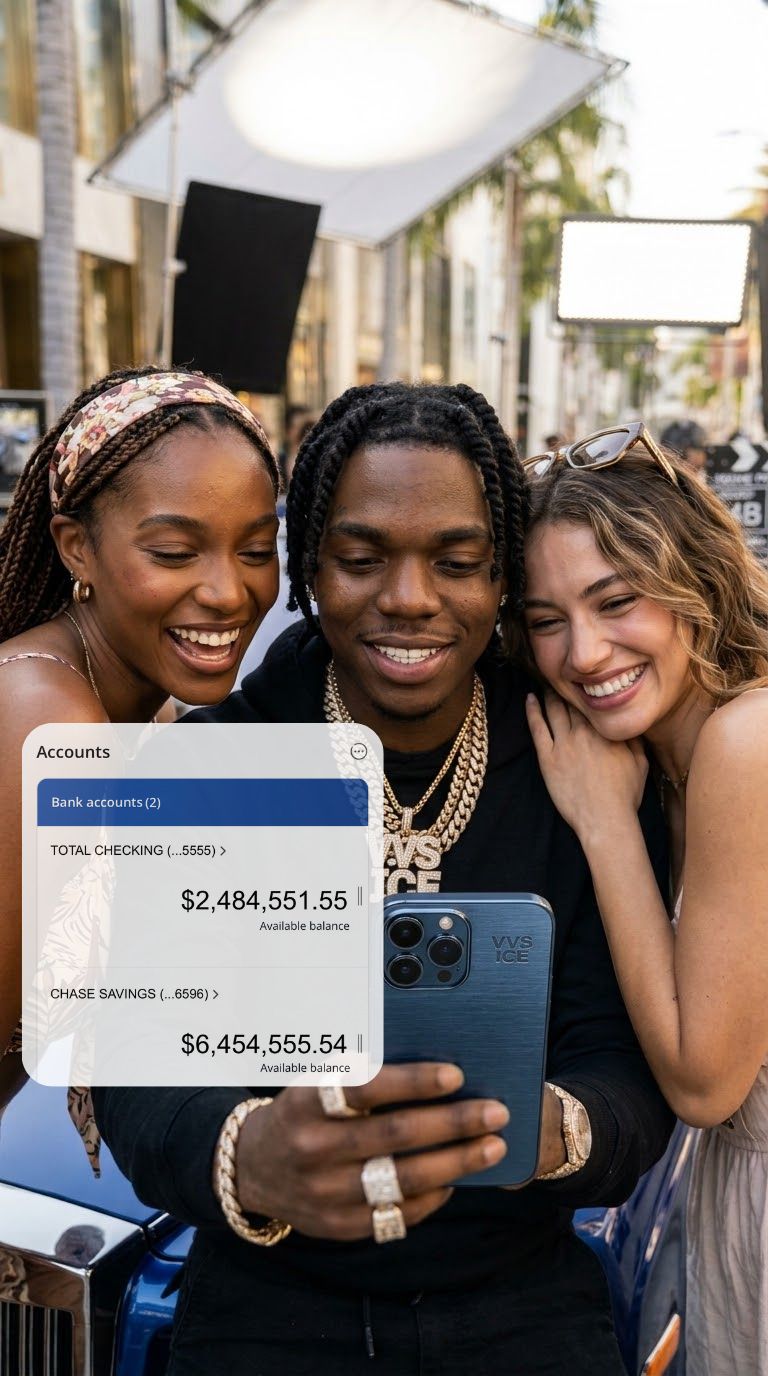 Creator on a film set showing a phone with the Digital Prop Money bank app simulator displaying a large prop balance