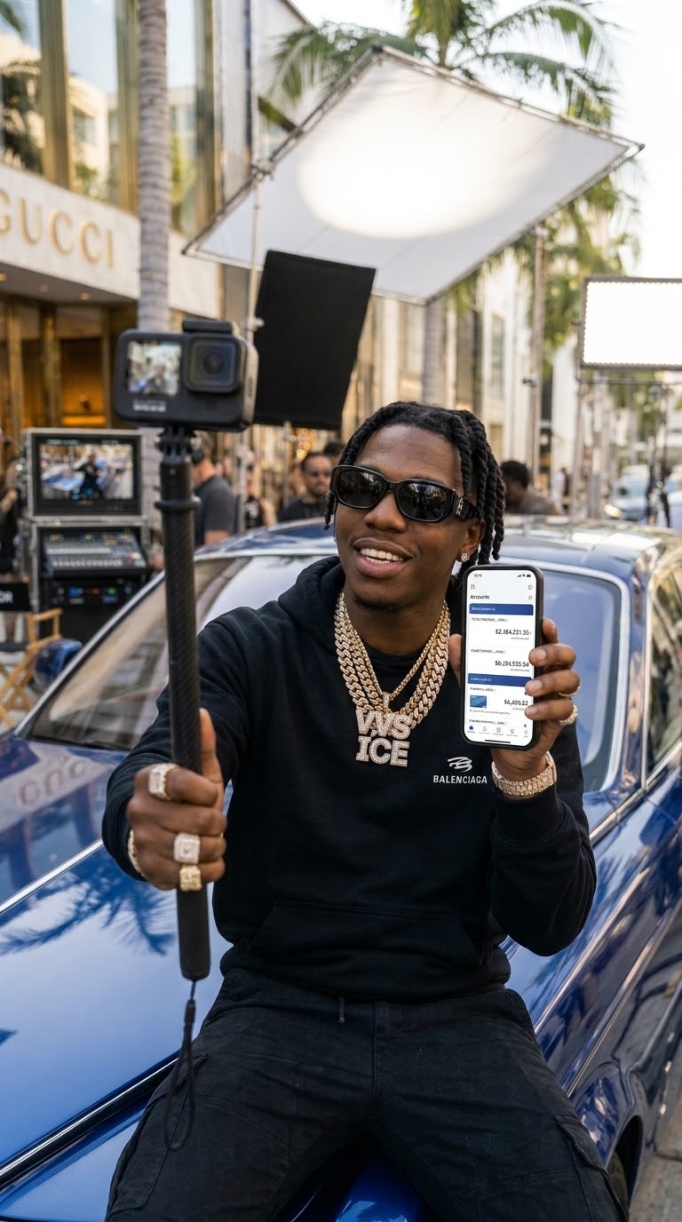Person sitting on a Rolls-Royce holding a selfie stick and showing the Digital Prop Money bank app simulator with a large prop balance to camera